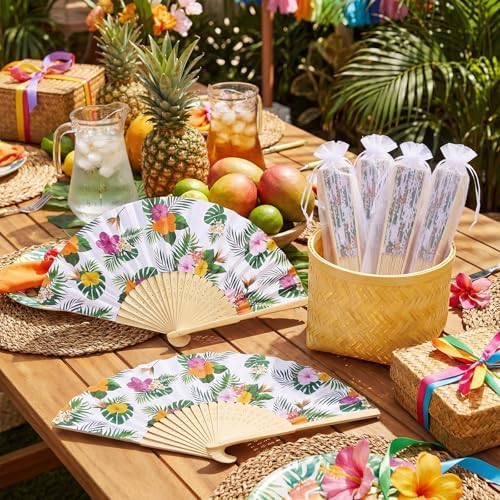 25 Pcs Hawaiian Tropical Folding Paper Fans Bulk with Organza Bag - Image 6