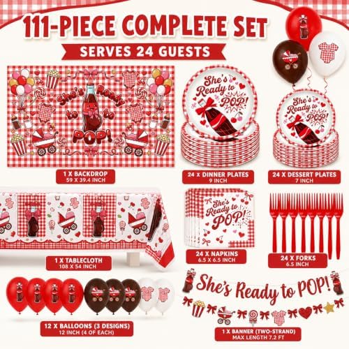 111Pcs She's Ready to Pop Baby Shower Decorations, Soda Pop Baby Shower Party Supplies for 24 Guests with Mom-to-Be Soda Bottle Backdrop, Banner, Balloons, Plates, Napkins and Forks - Image 2