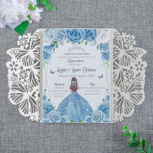 20 PCS 5.12x7.2 Butterfly Personalized Quinceanera Invitation, Customized XV Anos Laser Cut Invitation Cards with Envelopes (Silver Glitter Personalized) - Image 3