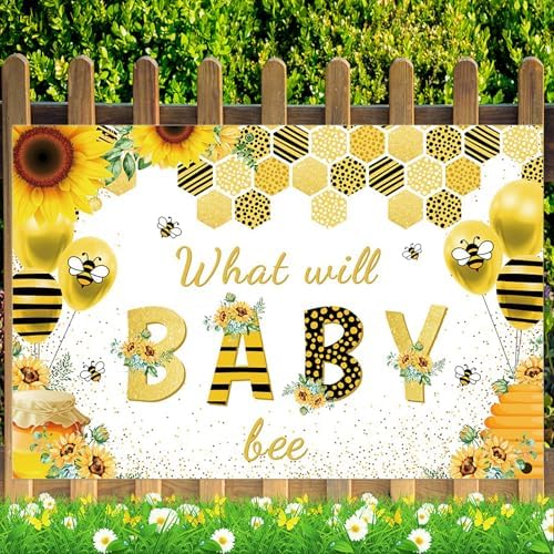 Fabric 9x6ft Bee Baby Shower Backdrop Honey Bee Themed Baby Shower Party Decoration Photography Background Sunflower Honeycomb What Will Baby Bee Gender Reveal Party Banner Decor - Image 2