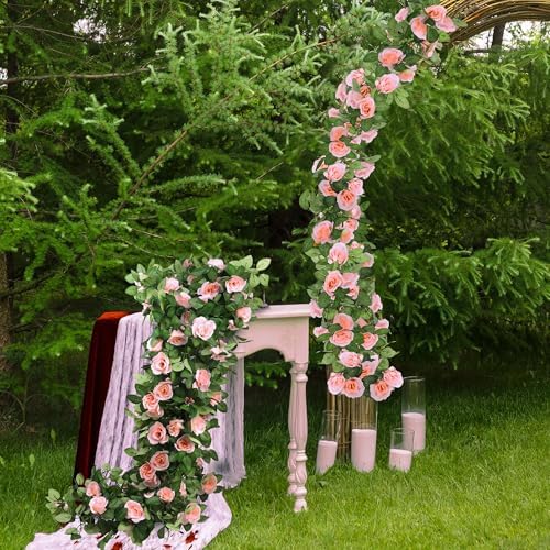 Aneco 8 Pack 64 FT Pink Flower Artificial Rose Vines Roses Fake Vine Flowers Plants Party Supplies for Holiday Wedding Garden Craft Art Decoration - Image 5
