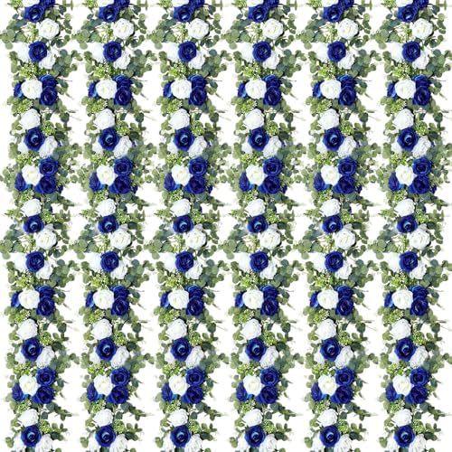 Riceshoot 6 Pcs 26 ft Artificial Eucalyptus Vines Garland with Flowers Faux Floral Greenery Garlands Rose Wreath for Wedding Party Arch Table Decor Backdrop Decorations (Blue and White) by Zuqqaaoor