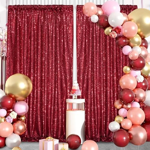 Burgundy Sequin Backdrop 2 Pcs 5FTx10FT Glitter Backdrop Curtains Birthday Party Decoration Photography Backgrounds Fabric Backdrop - Image 6