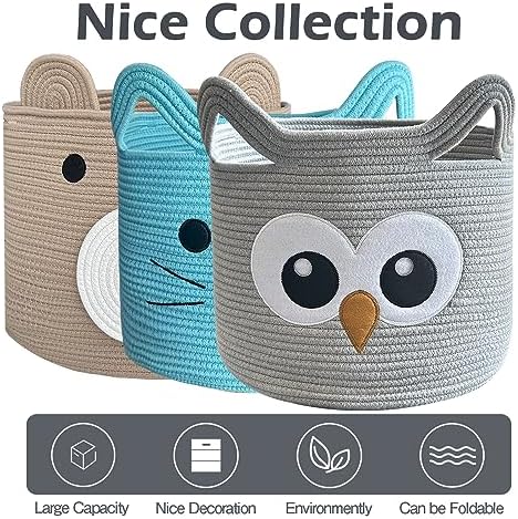 VK VK·LIVING Owl Storage Basket for Gift Foldable Cute Nursery Animal Toy Basket with Handles, Large Cotton Rope Baby Laundry Storage Organizer for Blanket Towels in Living Room Bedroom 15"Lx14"H - Image 7