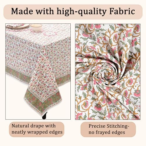 Ridhi Block Print Rose Pink Floral Vine Rectangle Cotton Tablecloth 108" x 60" Reusable Table Cover Decorative Everyday Use for Dining, Farmhouse, Home Gift for Spring, Easter, Valentine - Image 6
