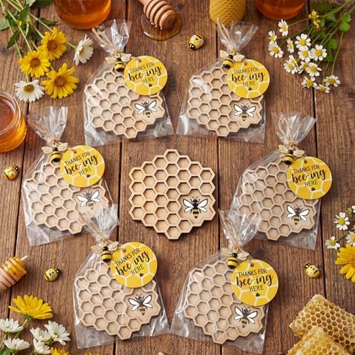24 Sets Bee Party Favor Honeycomb Wood Coaster Set with Charm - Image 2