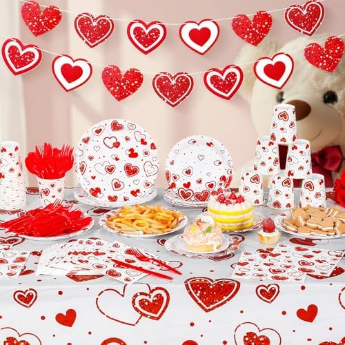 Ziliny 171 Pcs Valentine's Day Party Decorations Serve 24 Red Hearts Paper Plates Napkins Cups Banner Tablecloth Cutlery Valentine Day Anniversary Wedding Baby Shower Party Supplies - Image 2