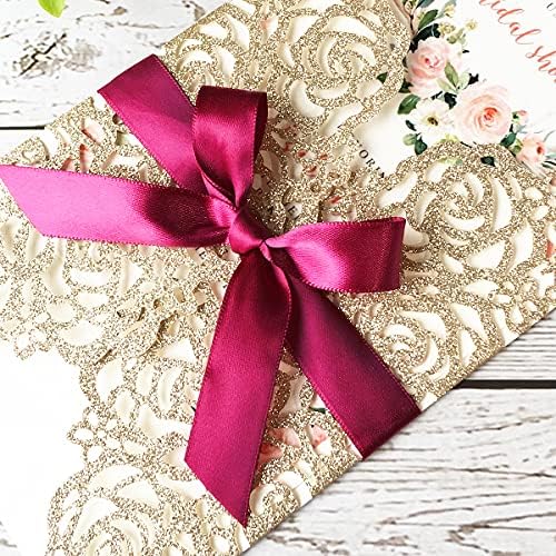 50PCS 5.12 x 7.28'' Gold Wedding Invitations Cards with Burgundy Bowknot Laser Cut Hollow Rose Flowers Invitation for Bridal Shower Engagement Wedding Invite (Gold Glitter) - Image 5