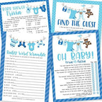 Hadley Designs 25 Blue Word Scramble for Baby Shower, 25 True Or False Game, 25 Trivia Game, 25 Find The Guest - 4 Double Sided Cards Baby Shower Ideas, Gender Reveal Games Baby Shower Games by HadleyDesigns