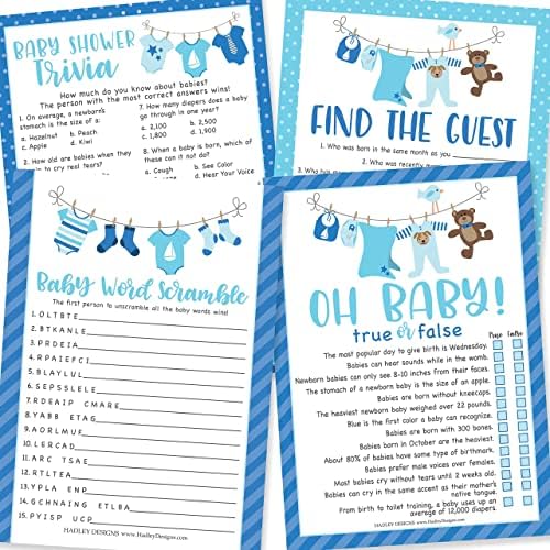 Hadley Designs 25 Blue Word Scramble for Baby Shower, 25 True Or False Game, 25 Trivia Game, 25 Find The Guest - 4 Double Sided Cards Baby Shower Ideas, Gender Reveal Games Baby Shower Games by HadleyDesigns