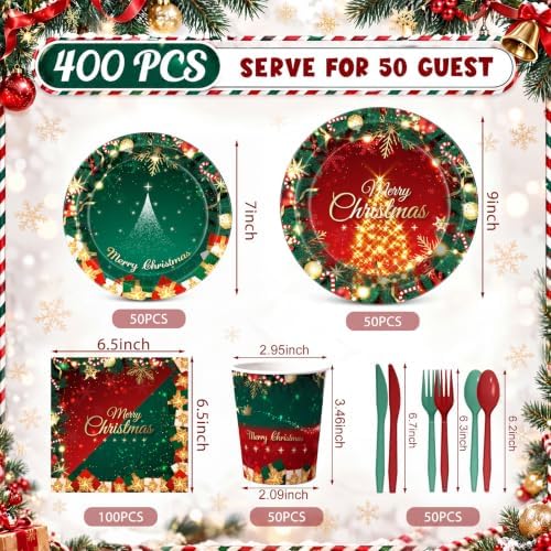 400 Pcs Gorgeous Christmas Plates Napkins Party Supply for 50 - Image 3