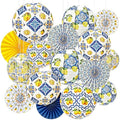 Baquler 24 Pcs Capri Lemon Party Decor Amalfi Coast Mediterranean Blue Yellow Lemon Decor with 12 Paper Lanterns and 12 Hanging Fans for Birthday Bridal Shower Baby Shower Italian Summer Party Wedding by Baquler