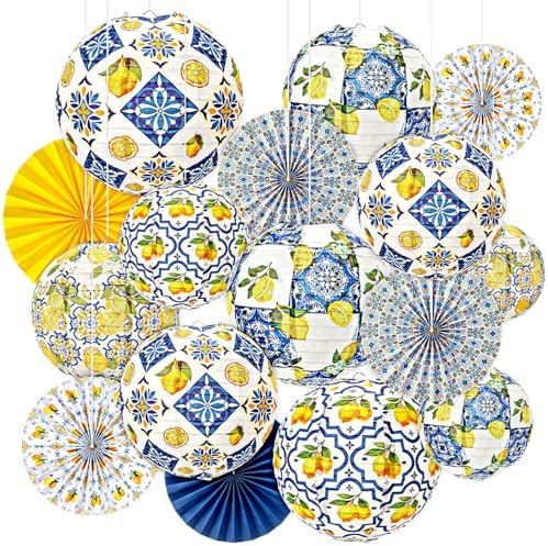 Baquler 24 Pcs Capri Lemon Party Decor Amalfi Coast Mediterranean Blue Yellow Lemon Decor with 12 Paper Lanterns and 12 Hanging Fans for Birthday Bridal Shower Baby Shower Italian Summer Party Wedding by Baquler