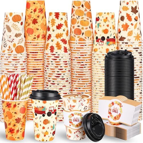 Jingmore 48 Sets 16oz Disposable Paper Coffee Cups with Lids Sleeves Straws Holiday Paper Drinking Cups Bulk for Hot Cold Beverages Home Business Cafe Birthday Party Supplies (Fall) by Jingmore