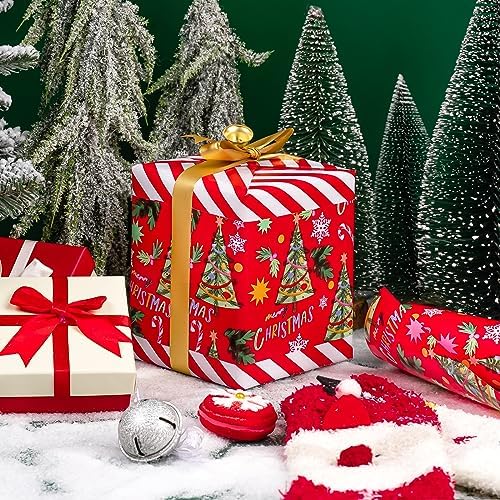 WRAPAHOLIC 30 Inch Jumbo Reversible Christmas Wrapping Paper - 30 Inch x 100 Feet Jumbo Roll Red Christmas Tree Wrapping Paper and Stripe Design for Holiday, Party Celebration - Image 6