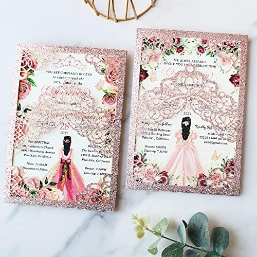 Hosmsua 50PCS Personalized Rose Gold Glitter Quinceanera Invitations Kit 5.1x7.3 Inch Laser Cut Floral Crown Quinceanera Invitation Cards with Envelopes for Birthday Quince Anos Invitation - Image 6