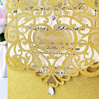 Hosmsua 50PCS Blank Wedding Invitation Cards 5 x 7.3 Inch Gold Laser Cut Hollow Heart Floral Invitation with Rhinestone pockets invitations for Engagement Quinceanera Invite (Gold Glitter) - Image 6