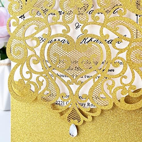 Hosmsua 50PCS Blank Wedding Invitation Cards 5 x 7.3 Inch Gold Laser Cut Hollow Heart Floral Invitation with Rhinestone pockets invitations for Engagement Quinceanera Invite (Gold Glitter) - Image 6