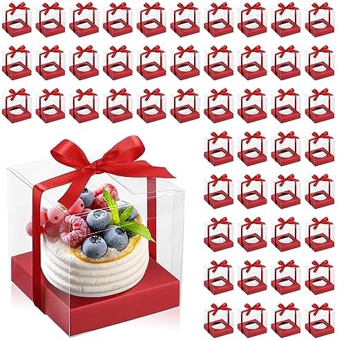 Thenshop 50 Pcs Clear Cupcake Boxes Individual 3.5 Inch, Red by Thenshop