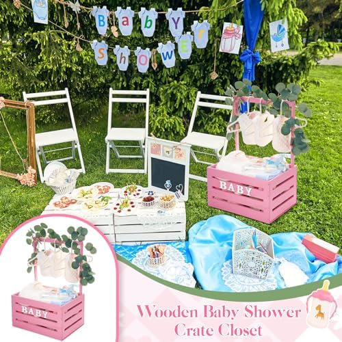 Barydat Wooden Baby Shower Crate Basket with Handle, Pink - Image 6