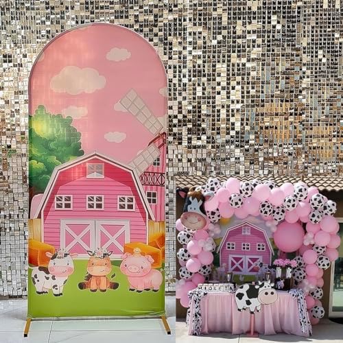 Farm Arched Backdrop Covers Red Barn Cow Animal Arched Stretchy Background for Birthday Parties Baby Shower Decoration Double-Sided Arch Props GX-245-4x7ft - Image 4