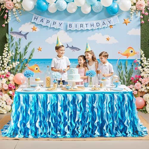 Wish Care 9ft Blue Sequin Table Skirt for Rectangle Tables Curly Willow Ocean Tutu Skirt Under The Sea Baby Shark Ruffle Table Cloth Desk Skirts for Birthday Baby Shower Theme Party Table Decorations - Image 6
