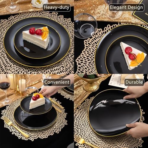 WDF 150PCS Black Plastic Plates - Black and Gold Plates Disposable - 25 Guest Disposable Dinnerware Sets for Party/Wedding/Halloween - Image 5