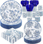durony 350 Pieces Blue & White Floral Party Supplies 7 Inch 9 Inch Disposable Elegant Flower Paper Plates Napkins Cups Tableware Set for Wedding Baby Shower Birthday Party Chinoiserie Decor, Serve 50 by durony
