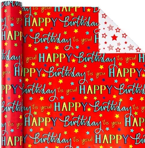 WRAPAHOLIC Jumbo Reversible Birthday Wrapping Paper - 30 Inch x 100 Feet Jumbo Roll - Red Happy Bday to you Lettering and Stars Design for Birthday, Baby Shower - Image 3