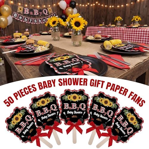 Huwena 50 Sets BBQ Baby Shower Fans Bulk for Guests Hand Fans with Red Bow Handheld Fan Baby Q Shower Favors Gifts for Summer BBQ Party Favors - Image 3
