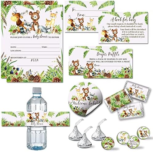 Amanda Creation Woodland Baby Shower Invitations & Party Bundle, 20 Pack 5x7 Woodland Animal Invites with White Envelopes, Diaper Raffle, Book Cards, Stickers & Wrappers by AmandaCreation