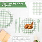 168Pcs Gingham Party Supplies for 24 Guests Thick Paper Plates and Napkins Knives Spoons Forks Cups Disposable Party Set Cutlery for Dinner Baby Shower Wedding Favor(Sage Green) - Image 3