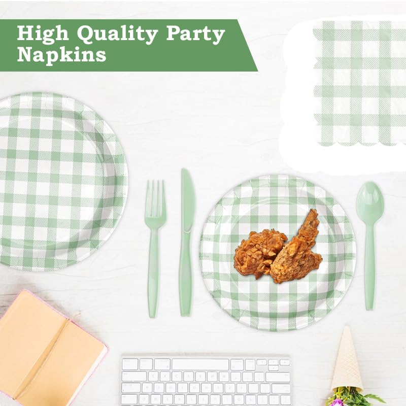 168Pcs Gingham Party Supplies for 24 Guests Thick Paper Plates and Napkins Knives Spoons Forks Cups Disposable Party Set Cutlery for Dinner Baby Shower Wedding Favor(Sage Green) - Image 3