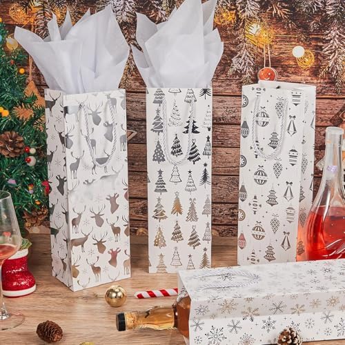 Harloon 32 Pack Wine Bottle Gift Bags with Handles 4 Designs,White, Silver - Image 4
