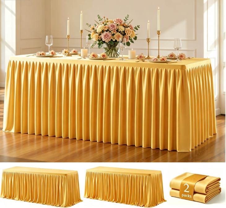 Gold Polyester Table Cloths for Rectangle 6 Foot Tables, 2 Pack Wrinkle Free Tablecloths Stretchy Banquet Ruffle Fitted Table Cover Desk Skirt for Parties Wedding Birthday Baby Shower by Unknown