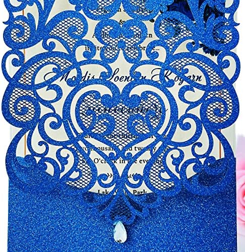 Hosmsua 50PCS Wedding Invitations Cards 5 x 7.3 Inch Laser Cut Hollow Rose Invitation with Rhinestone for Bridal Shower Engagement Quinceañera (Royal Blue Glitter) - Image 4