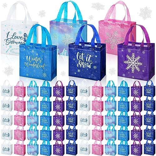 60 Pcs Snowflake Party Favors Bags Winter Non Woven Candy Treat Bag with Handle Double Printed Goodies Gift Bag Tote for Kid Winter Themed Wonderland Birthday Holiday Baby Shower Party Supplies by CHENGU