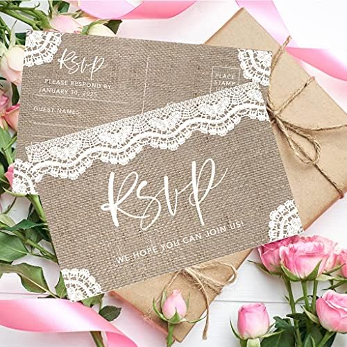 Andaz Press 56-Pack Personalized RSVP Postcards for Wedding Burlap Lace Cardstock Response Reply Cards for Bridal Shower Baby Shower Birthday Event Custom Date and Return Address 4 x 6-Inch - Image 3
