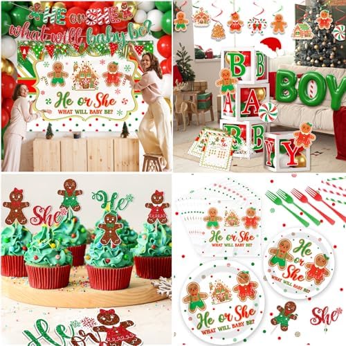 Christmas Gingerbread Gender Reveal Decorations Red Green Christmas Gender Reveal Paper Plates Napkin Tablecloth Balloons Boxes Tablecloth Backdrop Cake Topper for Xmas Baby Shower Party Decor - Image 6