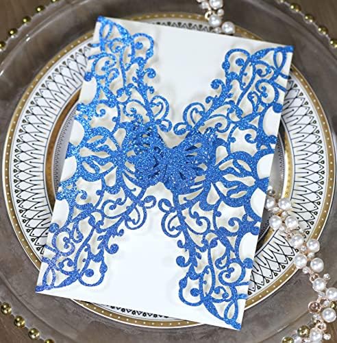 50sets Glitter Laser Cut Lace Flora Wedding Invitation Cards with Butterfly and Envelopes for Bridal Shower Engagement Quinceañera Wedding Invite (Only invitation Cards, Glitter Blue) by Cylallen