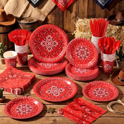 Funnymoom 400 Pcs Western Cowboy Party Supplies for 50 Guests Red Bandana Western Paper Plates and Napkins Knives Spoon Fork Cup Disposable Paisley Farm Dinner Party Set for Baby Shower Birthday - Image 4