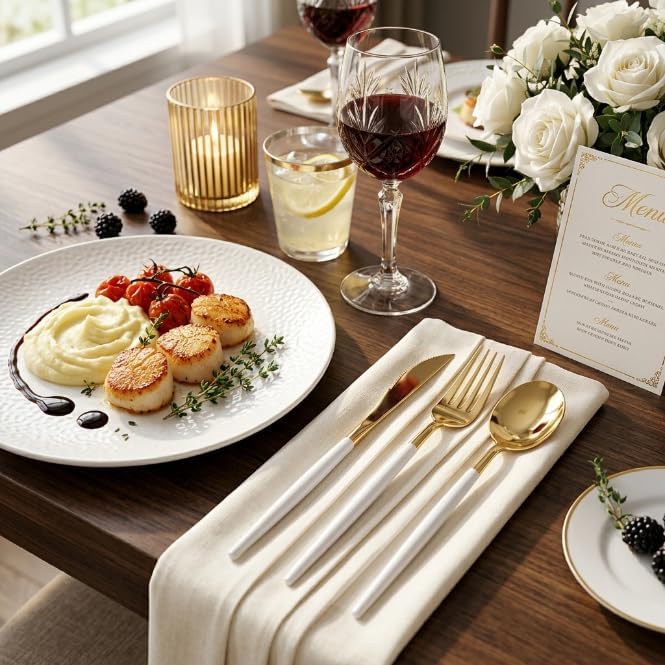 I00000 300 Pcs Gold Plastic Silverware Set, Gold Utensils with White Handle - Image 4