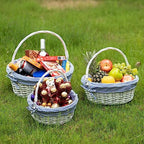 WICKERWISE Traditional White Round Willow Gift Basket with Gingham Liner and Sturdy Handles, Food Snacks Storage Basket, Blue, Foldable Handles Set of 3 - Image 5