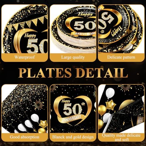 Pickmesh 400 Pcs 50th Birthday Party Supplies, Black Gold Tableware Set - Image 2