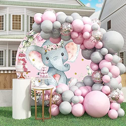 6.5x6.5ft Elephant Baby Shower Round Backdrop Watercolor Pink Floral Photography Background Circle Backdrop Cover Girls Birthday Newborn Gender Reveal Party Decoration Banner Photo Booth Props - Image 2