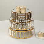 3 Gold Round Stackable Metal Cake Stands with Crystal Pendant and Mirror Top Wedding Birthday Party Display Dessert Riser Pedestal Centerpieces - Image 6