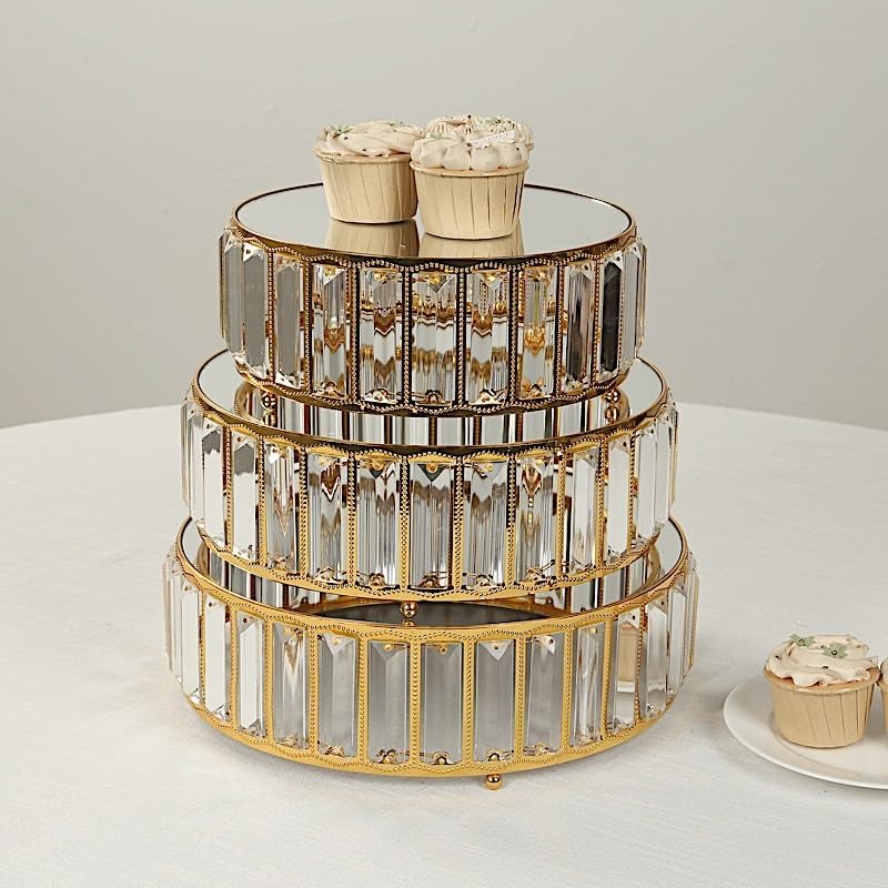 3 Gold Round Stackable Metal Cake Stands with Crystal Pendant and Mirror Top Wedding Birthday Party Display Dessert Riser Pedestal Centerpieces - Image 6