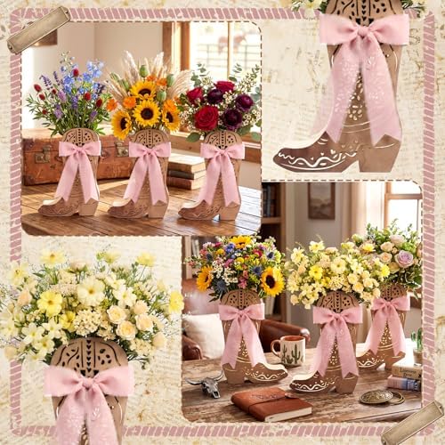 Cinnvoice 6 Pcs Western Cowboy Boot Centerpieces with Pink Ribbon for Table - Image 2