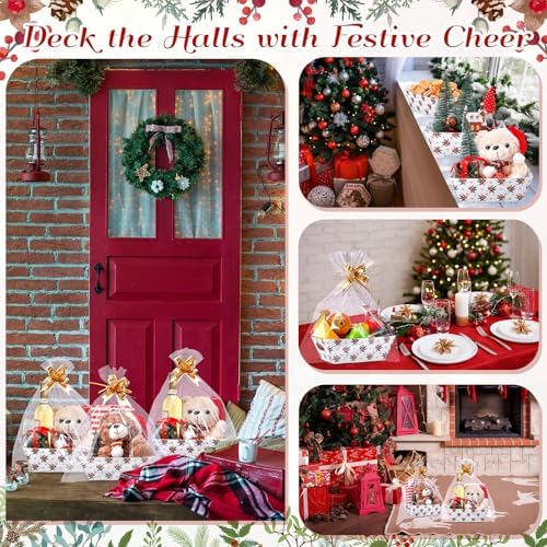 Nuogo 12 Pack Christmas Basket for Gifts Empty 9.8 x 6.5 Inch Bulk Gift Baskets Empty to Fill Cardboard Trays with Basket Bags, Pull Bows for Christmas Holiday Birthday Party Gifts(Berry Style) - Image 4