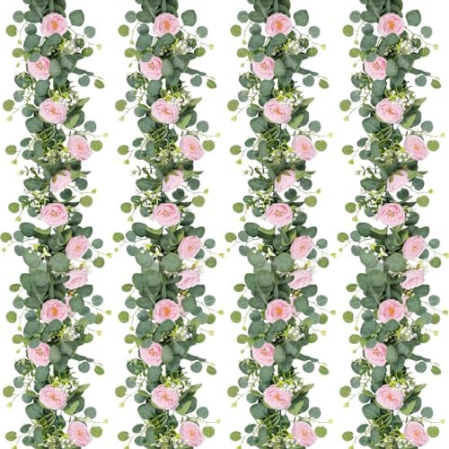 TOCHGREEN 4 Pack Artificial Eucalyptus Flower Garland with Pink Roses by TOCHGREEN